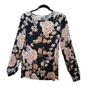 Susan Graver Black Orange Floral Blouse Gold Shimmer Cottagecore Sz XS Oversize